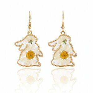 🆕️ Artisan With Real Floral & Resin Gold Floral Bunny Earrings Easter